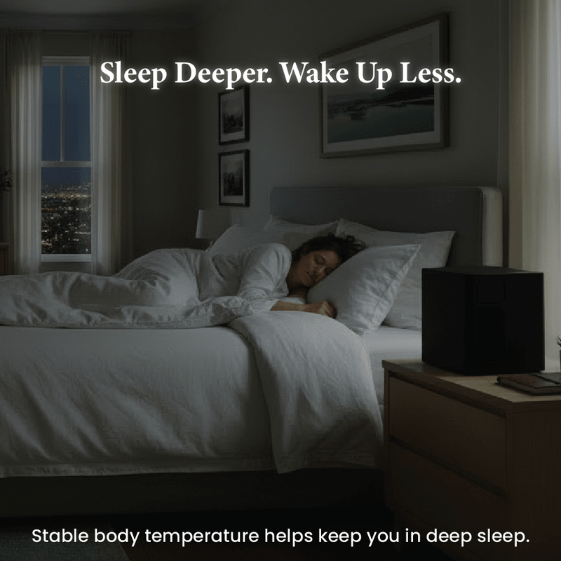 Woman sleeping in a cool bedroom with the Good Sleep bed cooling system